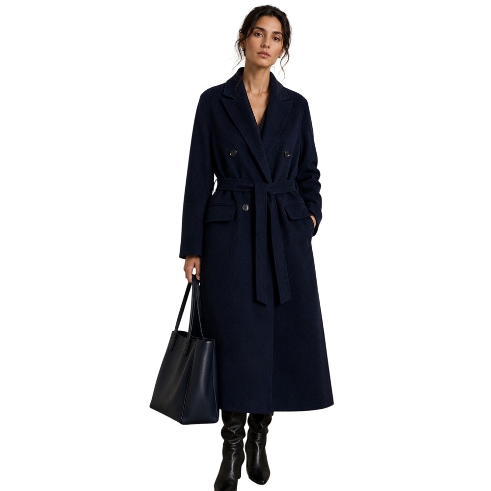 Massimo Dutti  Navy Blue Wool Coat With Belt Handmade Double Breasted Size 6 New